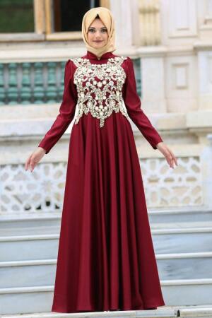 Evening Dresses - Claret Red Hijab Dress 3589BR - 1