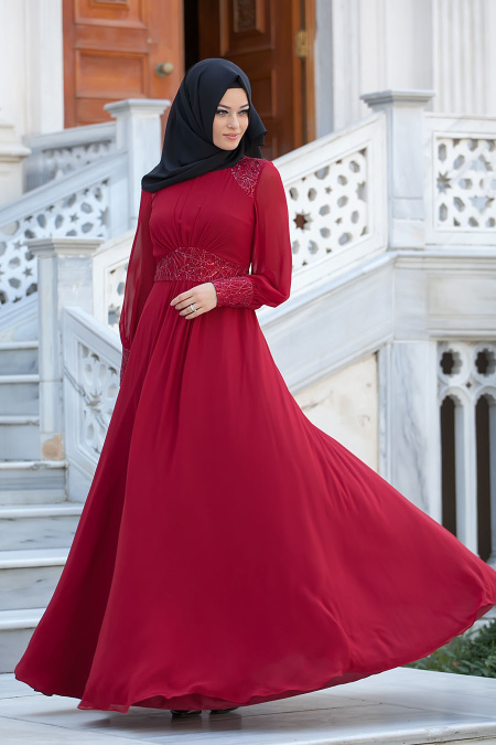 Evening Dresses - Claret Red Hijab Dress 3896BR