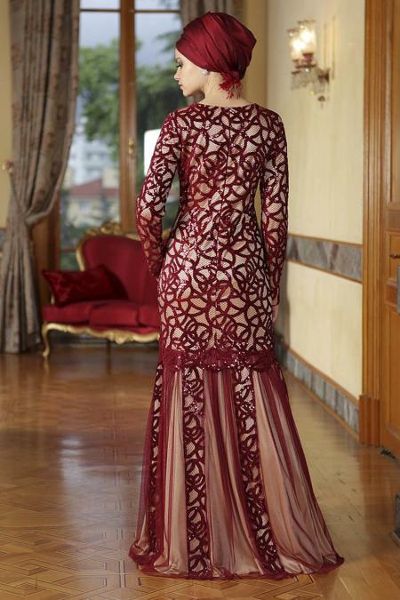 Evening Dresses - Claret Red Hijab Dress 4120BR - 3