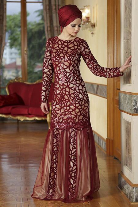 Evening Dresses - Claret Red Hijab Dress 4120BR - 2