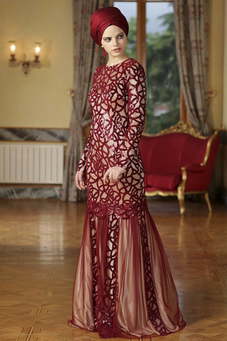 Evening Dresses - Claret Red Hijab Dress 4120BR