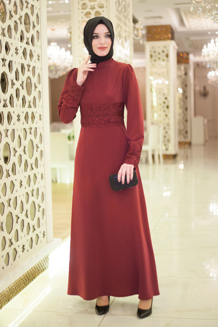 Evening Dresses - Claret Red Hijab Dress 5351BR