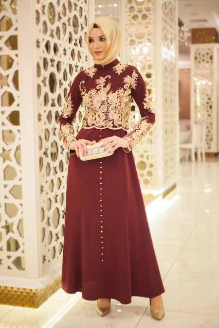 Evening Dresses - Claret Red Hijab Dress 5355BR