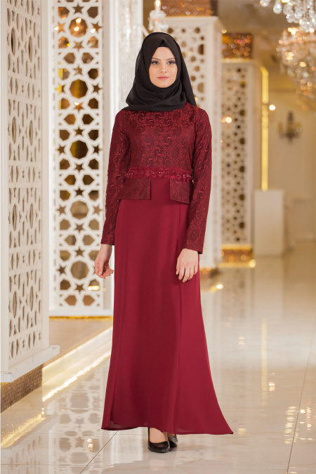 Evening Dresses - Claret Red Hijab Dress 5360BR