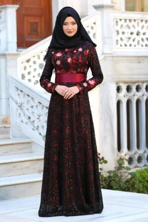 Evening Dresses - Claret Red Hijab Dress 7487BR - 1