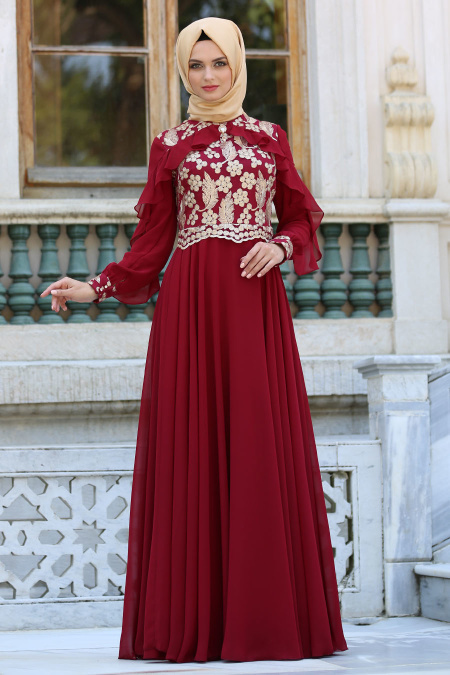 Evening Dresses - Claret Red Hijab Dress 7498BR