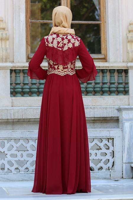 Evening Dresses - Claret Red Hijab Dress 7498BR - 2
