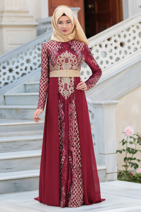 Evening Dresses - Claret Red Hijab Dress 7553BR