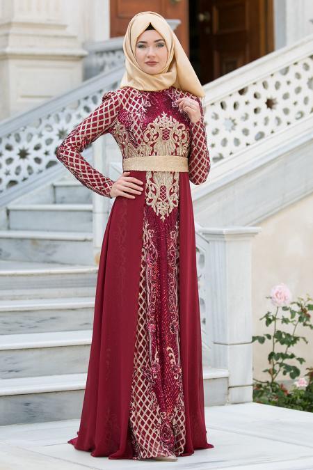 Evening Dresses - Claret Red Hijab Dress 7553BR - 2