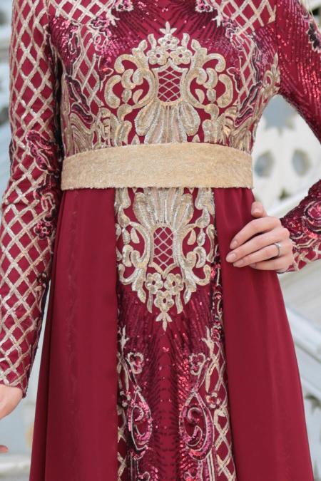 Evening Dresses - Claret Red Hijab Dress 7553BR - 4