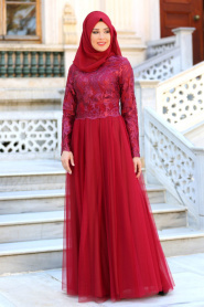 Evening Dresses - Claret Red Hijab Dress 7554BR - Thumbnail