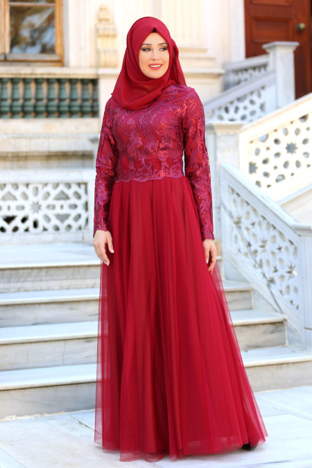 Evening Dresses - Claret Red Hijab Dress 7554BR