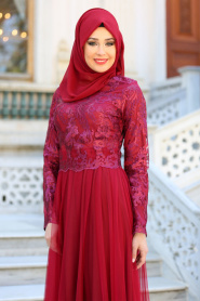 Evening Dresses - Claret Red Hijab Dress 7554BR - Thumbnail