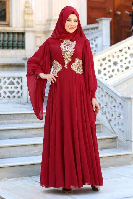 Evening Dresses - Claret Red Hijab Dress 7559BR