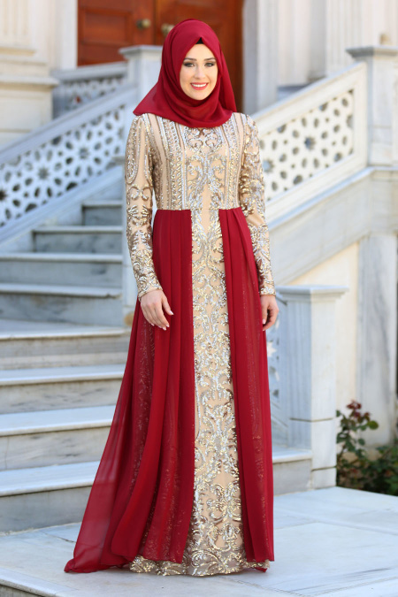 Evening Dresses - Claret Red Hijab Dress 7567BR