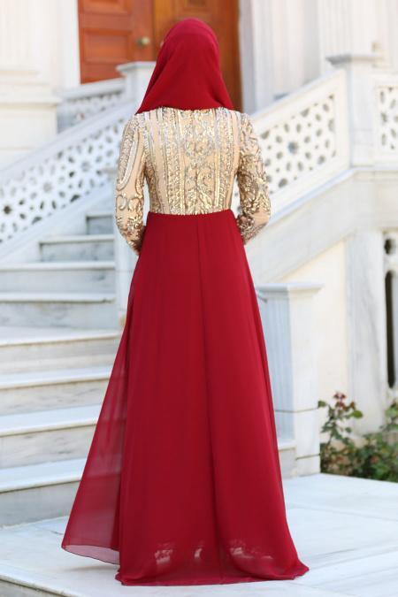 Evening Dresses - Claret Red Hijab Dress 7567BR - 3