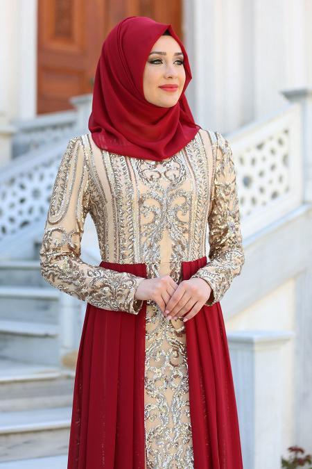 Evening Dresses - Claret Red Hijab Dress 7567BR - 2