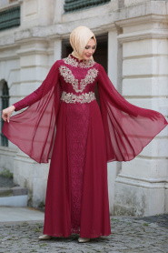 Evening Dresses - Claret Red Hijab Dress 7623BR - Thumbnail