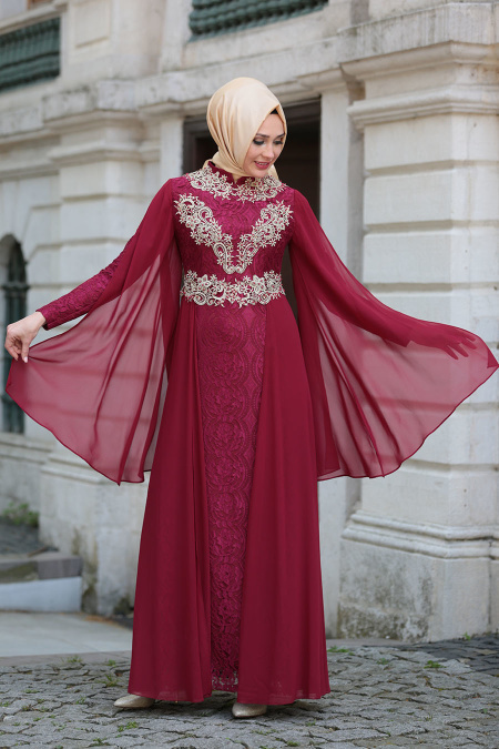Evening Dresses - Claret Red Hijab Dress 7623BR