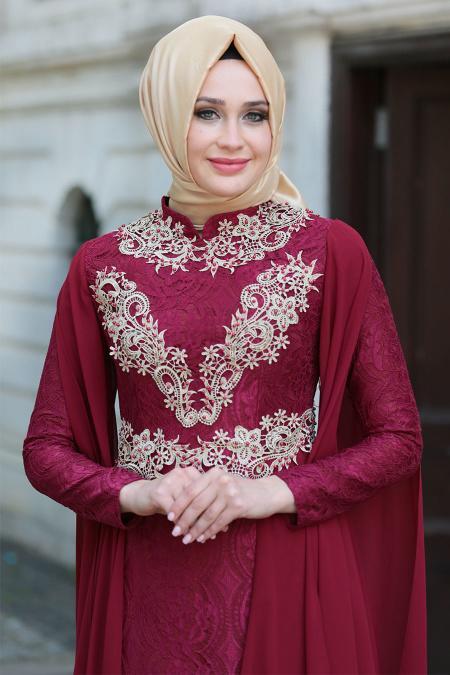 Evening Dresses - Claret Red Hijab Dress 7623BR - 2