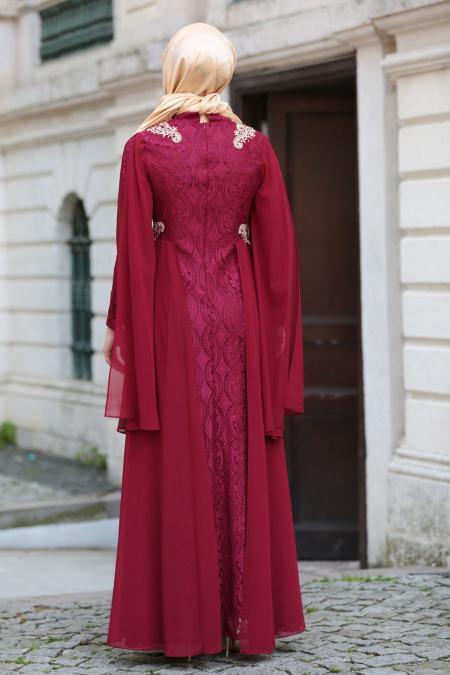 Evening Dresses - Claret Red Hijab Dress 7623BR - 3