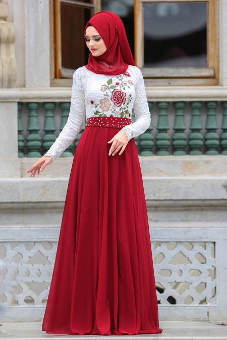 Evening Dresses - Claret Red Hijab Dress 7628BR