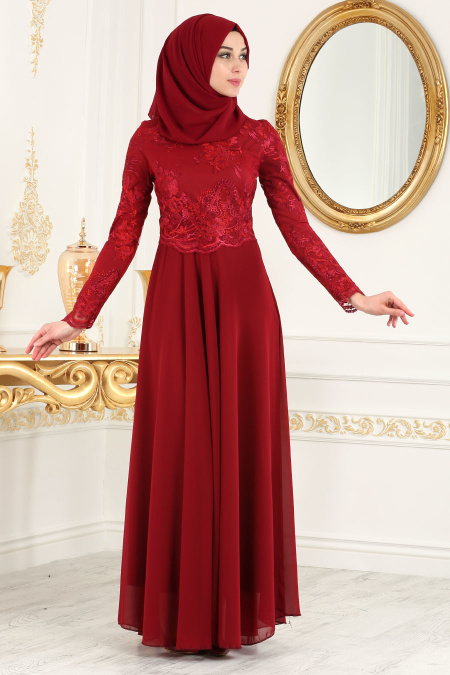 Evening Dresses - Claret Red Hijab Dress 76462BR
