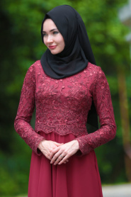 Evening Dresses - Claret Red Hijab Dress 76463BR - Thumbnail