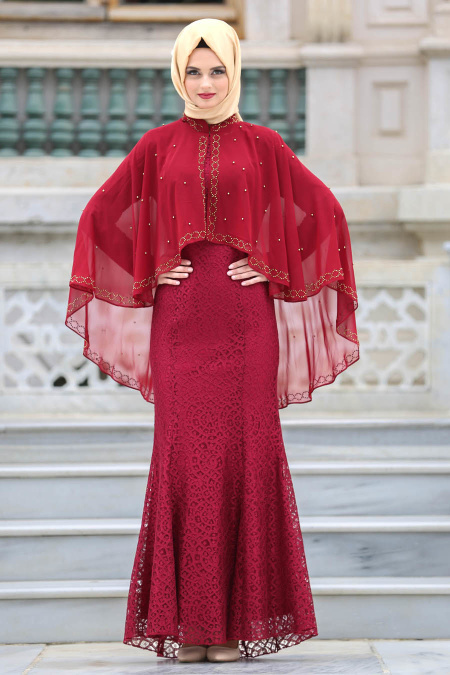 Evening Dresses - Claret Red Hijab Dress 7658BR