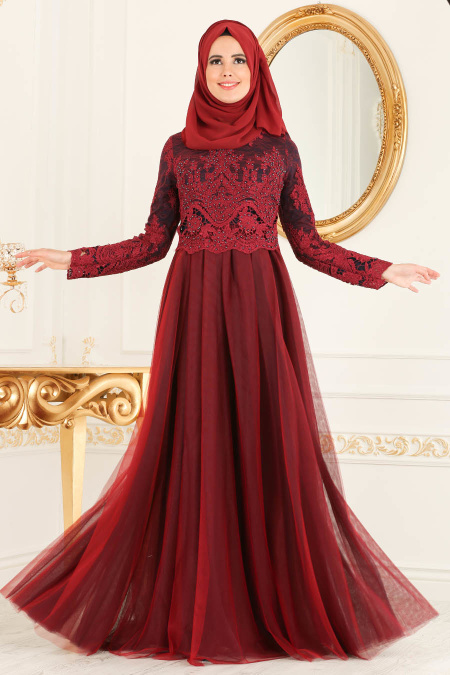 Evening Dresses - Claret Red Hijab Dress 7659BR