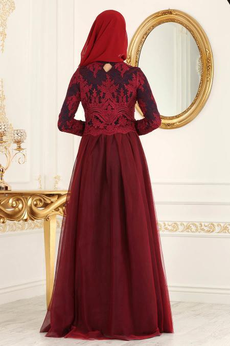 Evening Dresses - Claret Red Hijab Dress 7659BR - 2