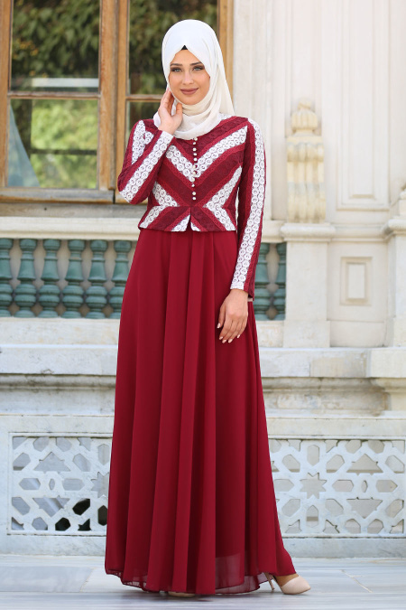 Evening Dresses - Claret Red Hijab Dress 7709BR