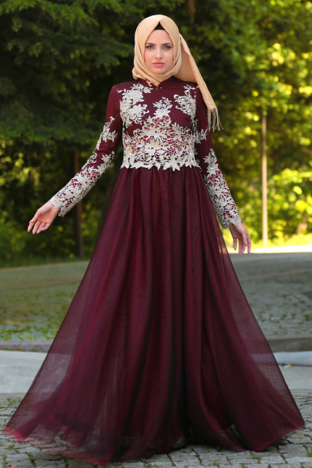 Evening Dresses - Claret Red Hijab Dress 7714BR