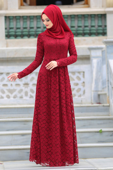 Evening Dresses - Claret Red Hijab Dress 7774BR