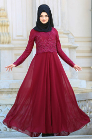 Evening Dresses - Claret Red Hijab Dress 7783BR - Thumbnail