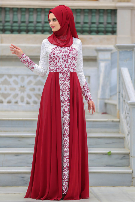 Evening Dresses - Claret Red Hijab Dress 7784BR