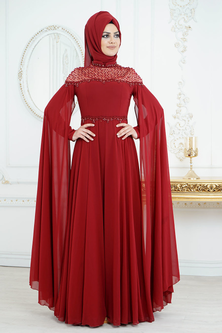 Evening Dresses - Claret Red Hijab Dress 8023BR