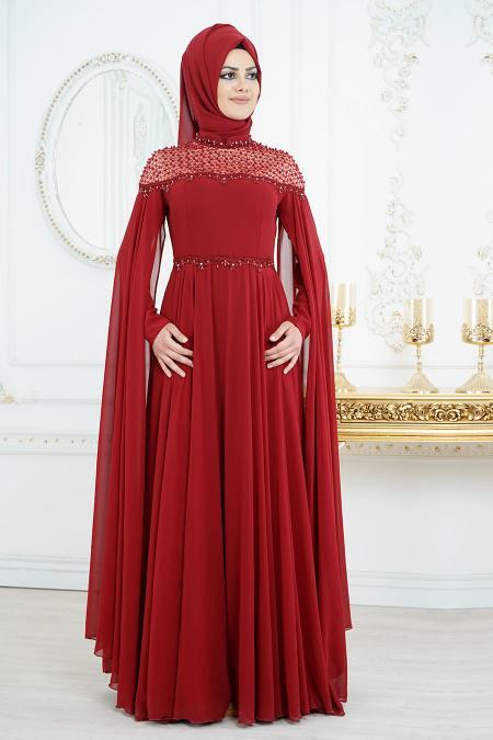 Evening Dresses - Claret Red Hijab Dress 8023BR - 2