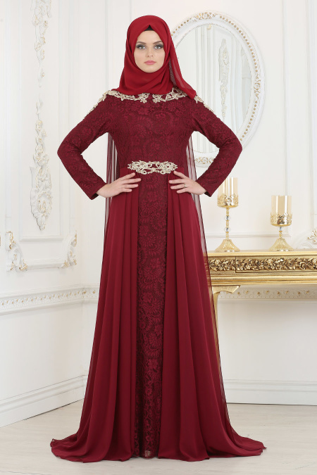 Evening Dresses - Claret Red Hijab Evening Dress 20100BR