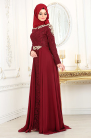 Evening Dresses - Claret Red Hijab Evening Dress 20100BR - Thumbnail