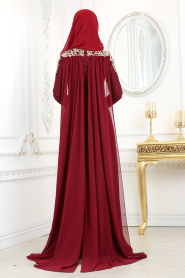 Evening Dresses - Claret Red Hijab Evening Dress 20100BR - Thumbnail