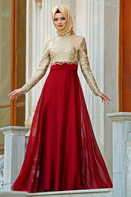 Evening Dresses - Claret Red Hijab Evening Dress 2228BR