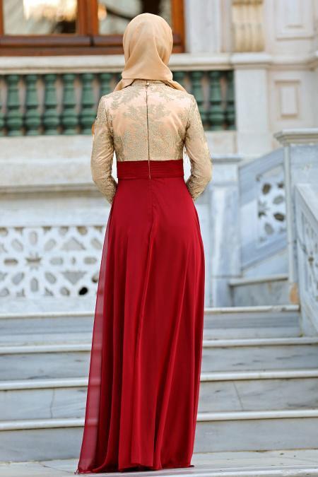Evening Dresses - Claret Red Hijab Evening Dress 2228BR - 2