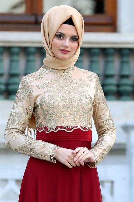 Evening Dresses - Claret Red Hijab Evening Dress 2228BR - 3