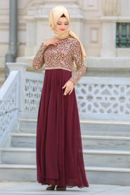 Evening Dresses - Claret Red Hijab Evening Dress 3094BR - Thumbnail