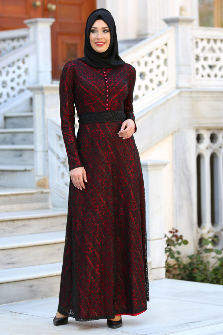 Evening Dresses - Claret Red Hijab Evening Dress 7548BR
