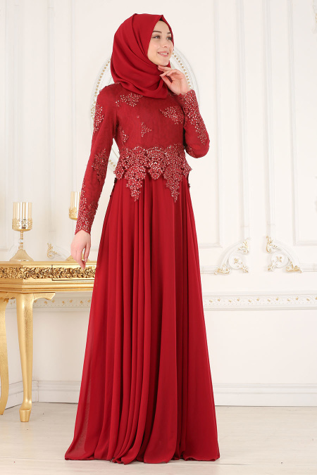 Evening Dresses - Claret Red Hijab Evening Dress 7601BR