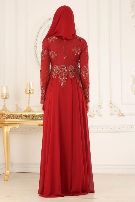 Evening Dresses - Claret Red Hijab Evening Dress 7601BR - 2