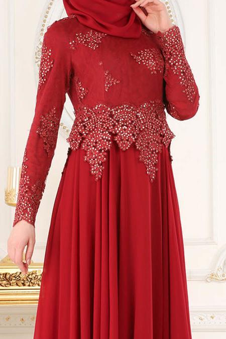 Evening Dresses - Claret Red Hijab Evening Dress 7601BR - 4