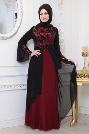 Evening Dresses - Claret Red Hijab Evening Dress 7959BR - 1
